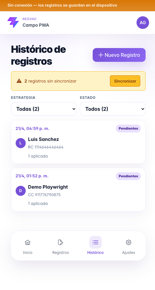 PWA · Histórico offline - REGVAC